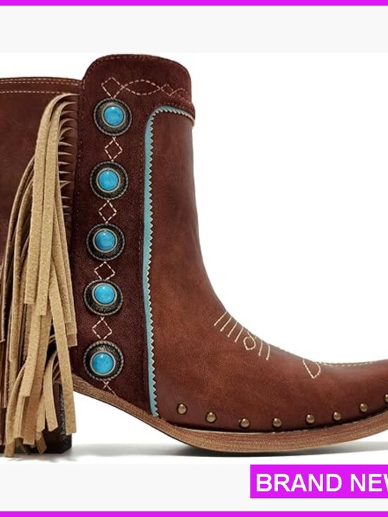 Shoes - Western Fringe Ankle Boots Studded Turquoise Stones Block Heel Cowgirl Chic